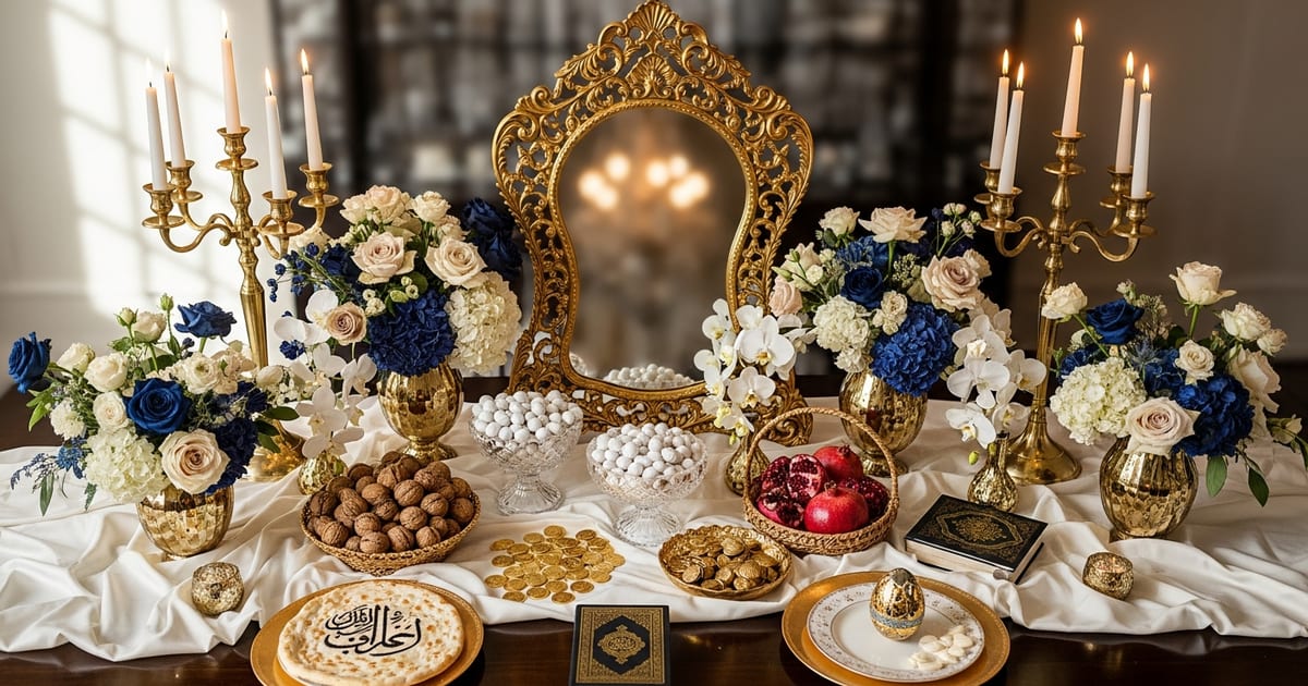 Persian wedding planning guide — a decorated Sofreh Aghd with mirror, candelabras, honey and flatbread, weddings.io.